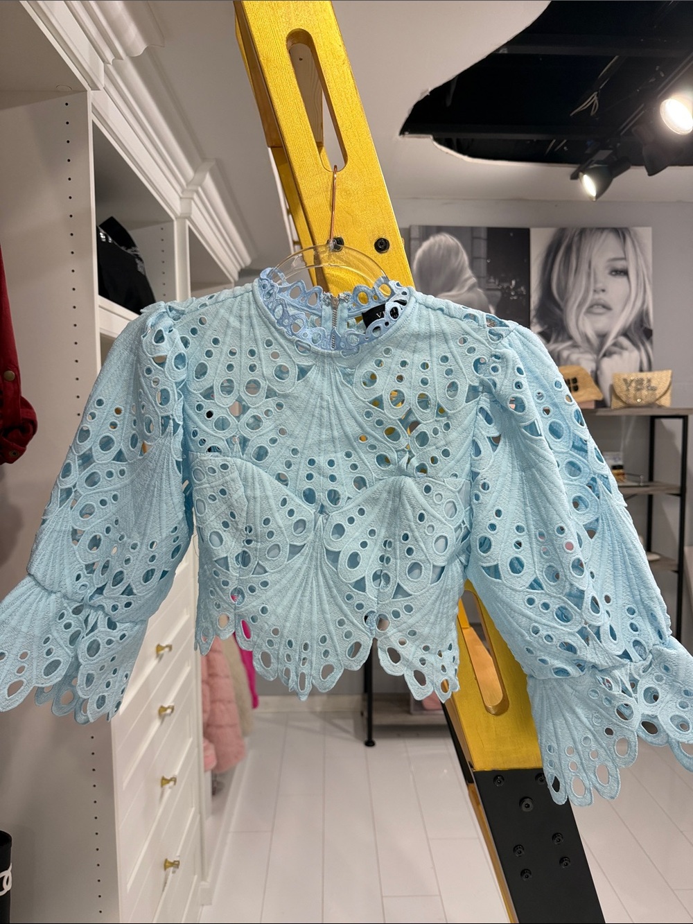 Vici Powder Blue Eyelet Cutout Puff-Sleeve Blouse
